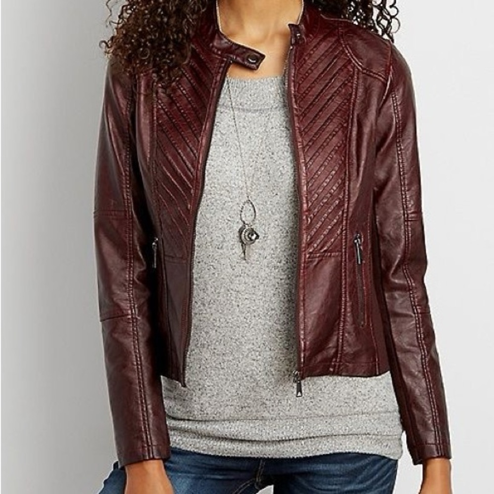 Maurices Medium Oxblood Faux Leather Scuba Jacket With Petite Sleeve Length